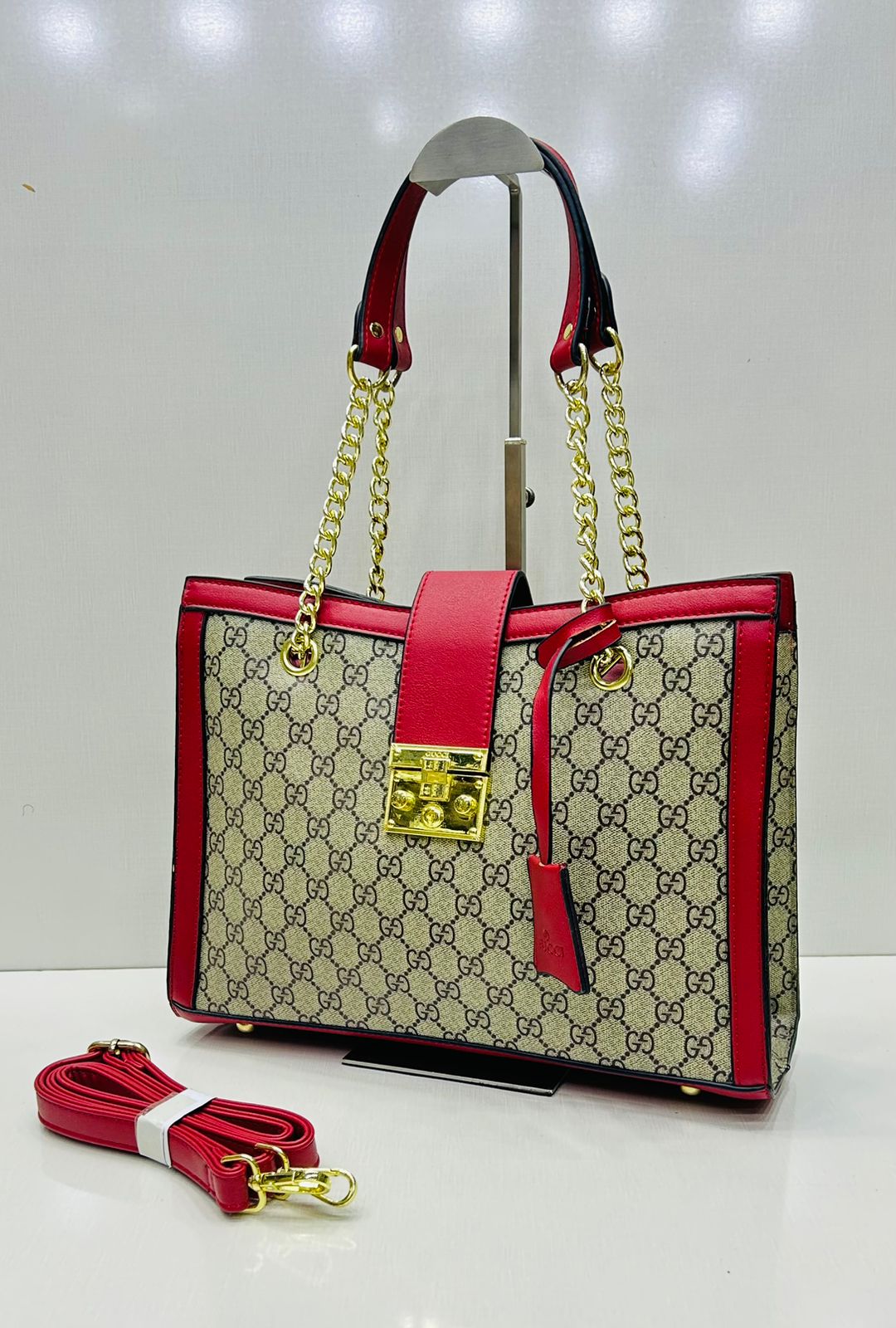 Gucci - Canvas Tote Bag With Chain Strap Beige Red Strip