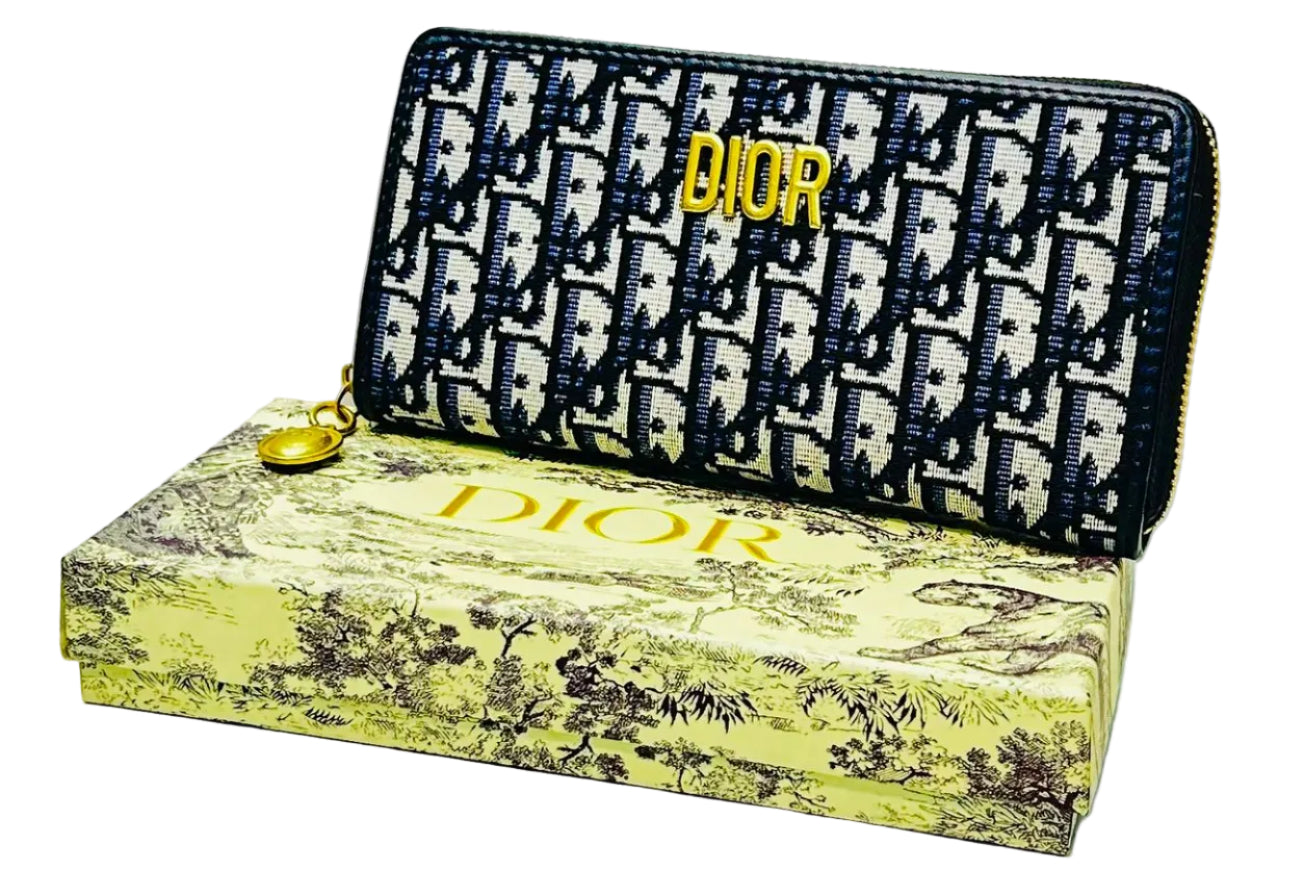 Dior - Oblique Zip Around Wallet Navy Blue & Beige