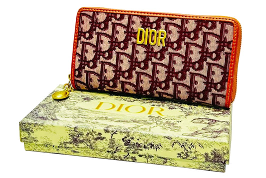Dior - Oblique Zip Around Wallet Orange Red & Beige